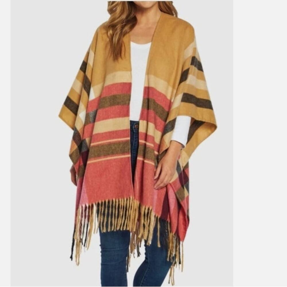 Woolrich Shawl Blanket Wrap Shrug Womens One Size Tan Fringe Southwestern BOHO